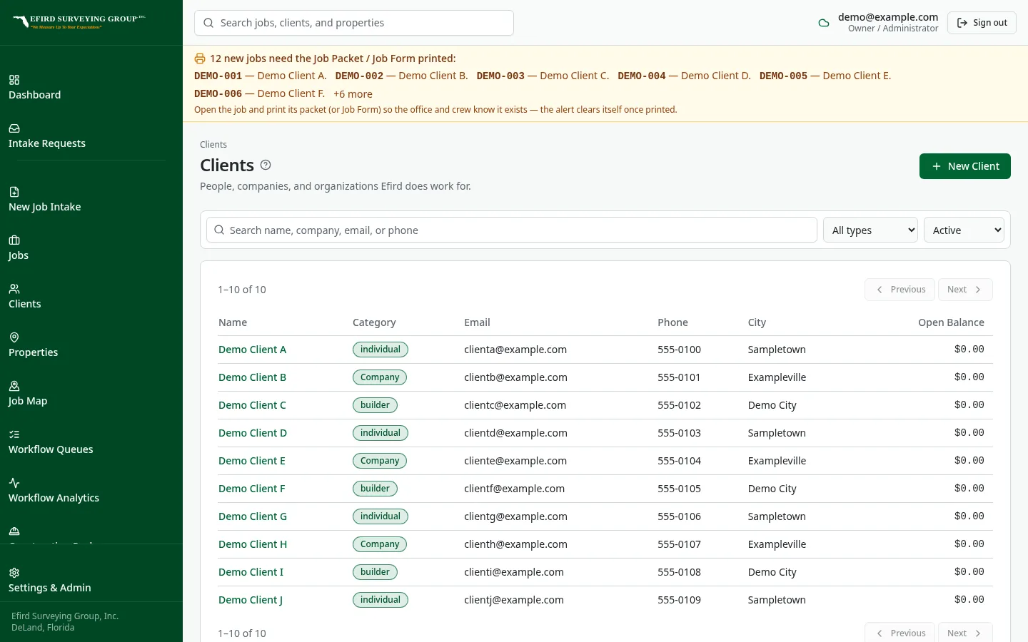 Efird Surveying Group custom software: Clean client records instead of duplicate spreadsheet entries