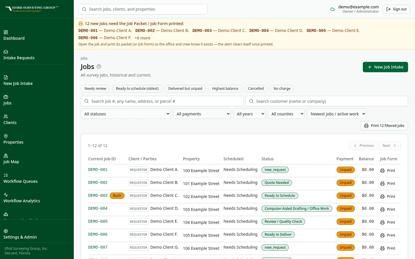 Efird Surveying Group custom software: Job list that replaced rows in the old spreadsheet